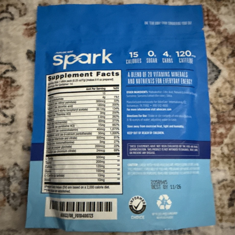 Bebida de vitamina aminoácidos Advocare SPARK 14 paquetes de frambuesa azul enfoque mental Foto 2 de 2