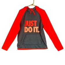 Nike Therma-FIT Hoodie Mens Large Grey Neon Orange Just Do It Pullover Thumbhole