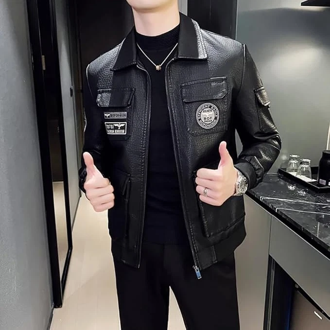 Men’s Black Faux Leather Biker Jacket, CAFE Racer Style Motorcycle Outerwear