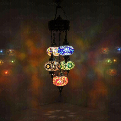 Multicolor türkischer Mosaik Kronleuchter - 5 Globus handgefertigte marokkanische Pendelleuchte