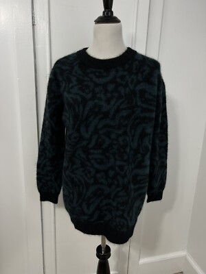 BIMBA Y LOLA Women's Sweater Sz Large Mohair Wool Blend Blue Black Crewneck 