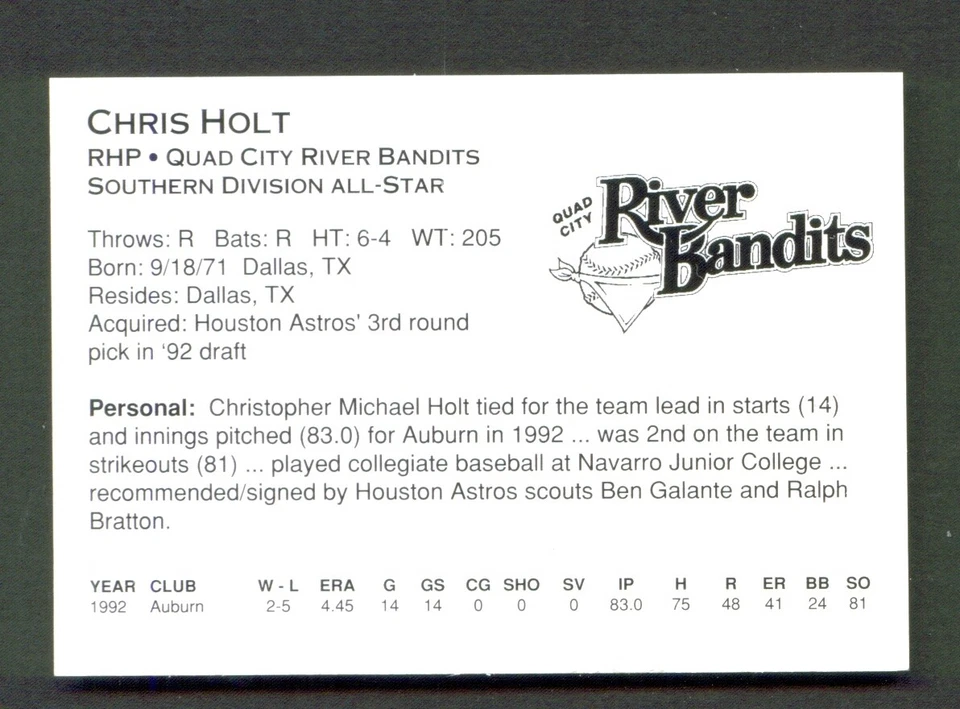 1993 Midwest League All-Stars CHRIS HOLT Quad City RIVER BANDITS Dallas TEXAS - Image 2 of 2