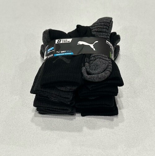 Puma Men's 8 Pair Crew Dry Cell Moisture Wicking Socks, Black&Gray, Size 6-12