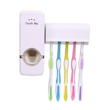 Toothpaste Dispenser  5 Toothbrush Holder Set Wall Mount Stand White