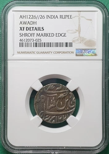 AH1226/26 INDIA  RUPEE AWADH SILVER TONED NGC XF DETAILS SHROFF MARKED EDGE