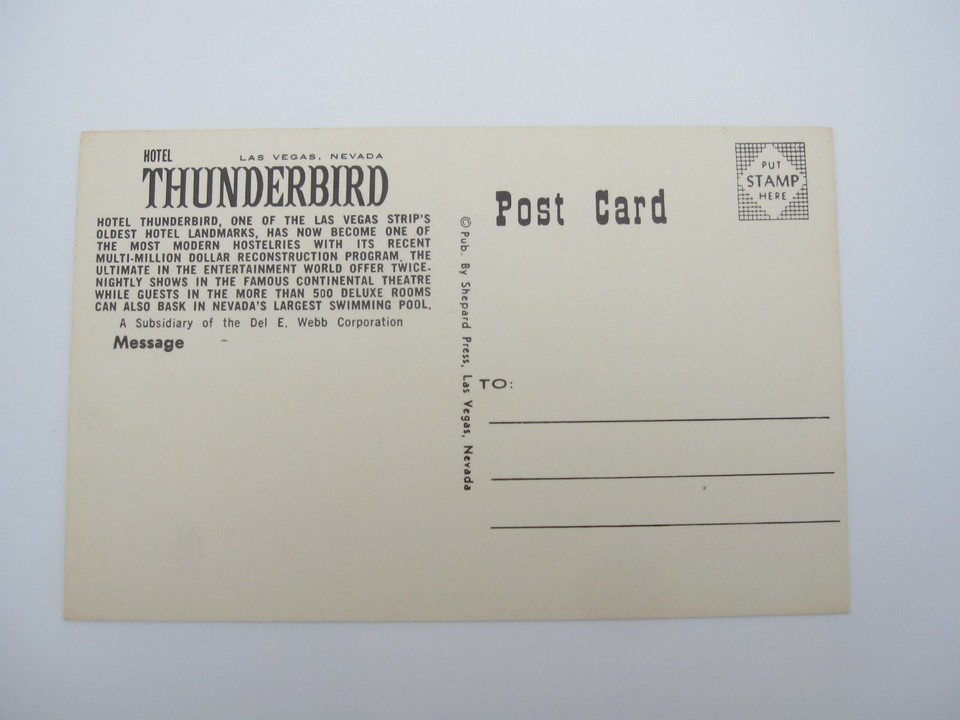 Vintage Hotel Thunderbird Las Vegas Nevada Postcard (A67) eBay