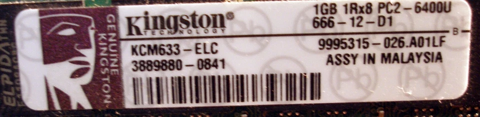 Kingston KCM633-ELC 1Gb PC2-6400 DDR2-800MHz CL6 240-Pin DIMM Memory RAM Module - Image 2 of 2