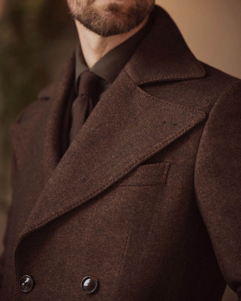 Winter Woolen Brown Herringbone Overcoat Wide Wing Lapel