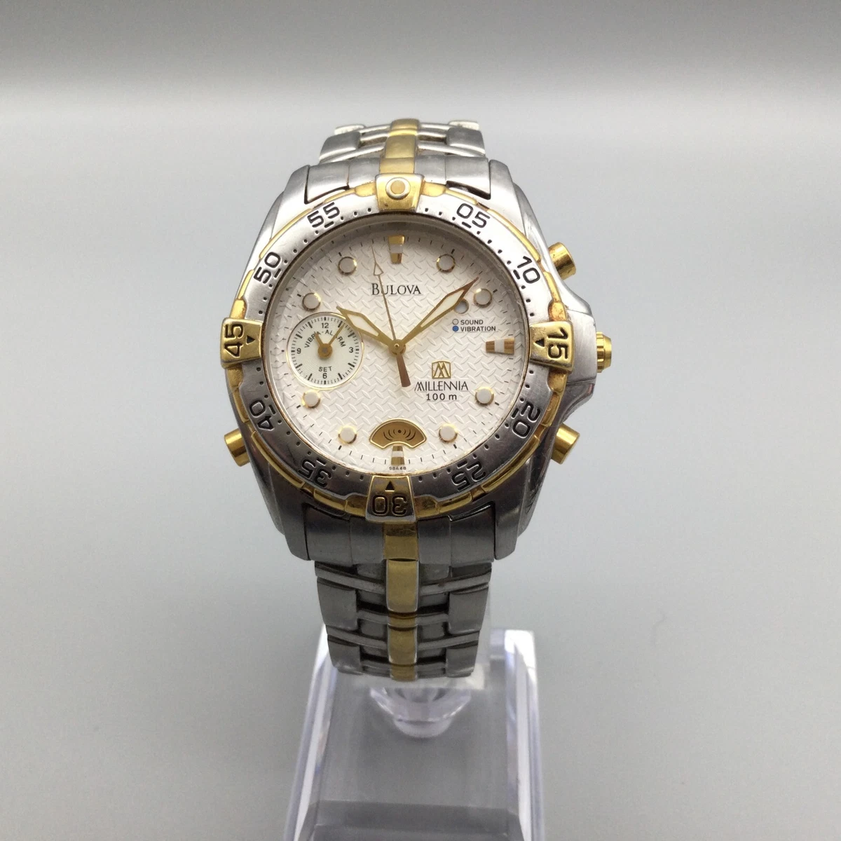 Vtg Bulova Millennia Watch Men 37mm Silver Gold Tone Alarm 98A48  