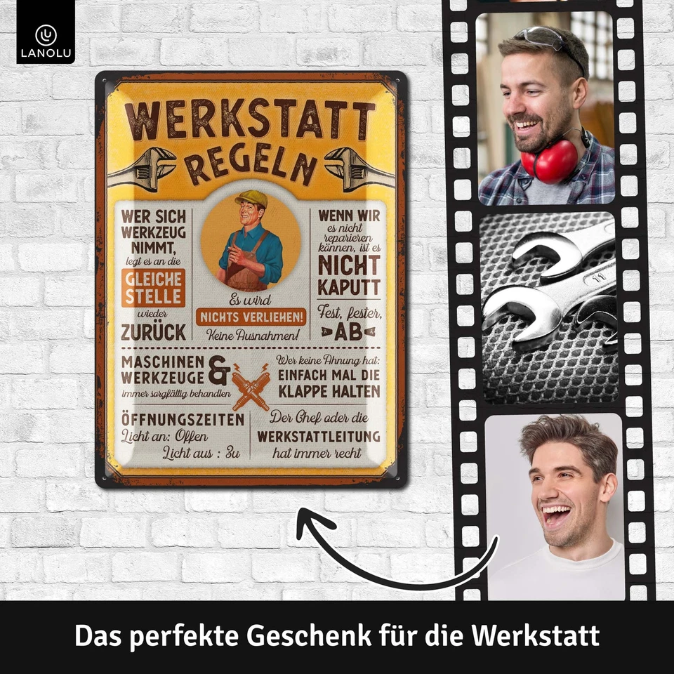 XXL Retro Blechschild Werkstatt Schild, lustige Werkstattregeln Männer 30x40cm - Bild 2 von 4