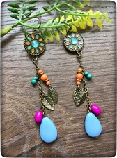 NEW Orange Lilac Blue Purple Bead Boho Bohemian Hippy Style Bronze Tone Earrings