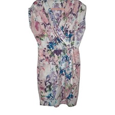 Peter Nygard white pink floral faux wrap midi dress cap sleeves size m
