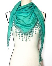 Aqua Lightweight Scarf Feminine Teardrop Fringe Lace Vintage - FREE SHIPPING