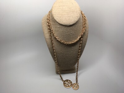 VTG GOLD TONE WOVEN LEATHER CURB LINK LARIAT NECKLACE MALTESE CROSS CUTWORK DISC