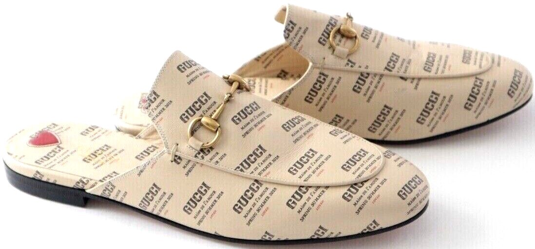 PANTOFOLA D’ORO Pantofole Gucci Donna Princetown 40 Stampa Timbro Pelle di Vitello Soia Nero