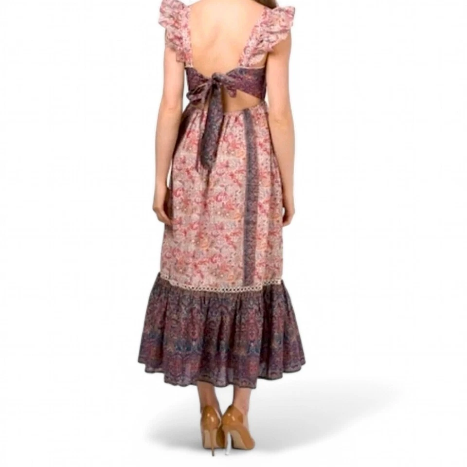 Haute Hippie Boho Cotton Paisley Ruffle Flutter Sleeve Maxi Dress Tie Back Sz 14 - Image 2 of 4
