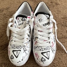 GUESS Astray Graffiti Sneakers White Black Pink Logo Embroidered Lace Up Women