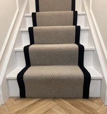 Herringbone Carpet Stair Runner 7M X 60cm Colour Greige with Black Taped Edge.