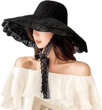 Ladies Floppy Lace Sun Hat Womens Foldable Wide Brim Fedoras UPF 50 Black
