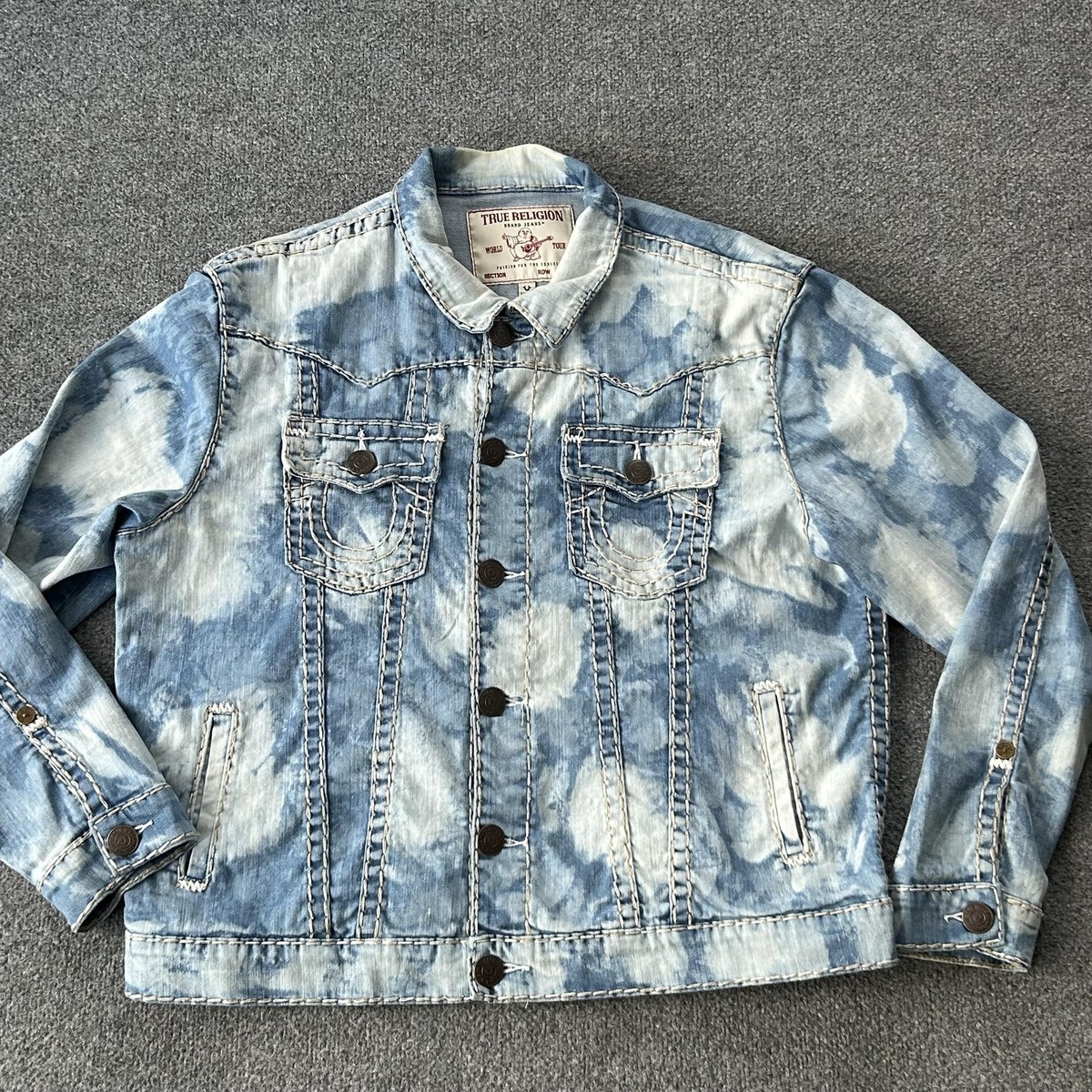 True Religion Jacket Mens 2XL Blue Jimmy Denim Jean Bomber Acid 