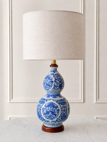 Ralph Lauren Blue White Chinoiserie Double Gourd Loi 27 inch Lamp Only 3-Way