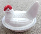 VIntage 1950's WESTMORELAND split tail Hen on NEST white Milk GLASS Candy DISH