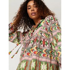 FARM Rio Amulet Beaded Tassel Midi Dress Long Sleeve Pink Green XL Yawanawa