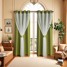 2 Panels Double Layered Curtains with White Sheer Tulle, Grommet Drapes