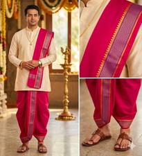 Cotton Dhoti Angavastram Red Set Red Gold Zari Border Men's Traditional Dress