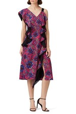 Abito midi Prabal Gurung con volant taglia 12 rosso floreale spagnolo flamenco asimmetrico