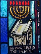 ANTIQUE CHURCH WINDOW "boy JESUS in TEMPLE" FIRED PAINTED GLASS early 1940s NYC