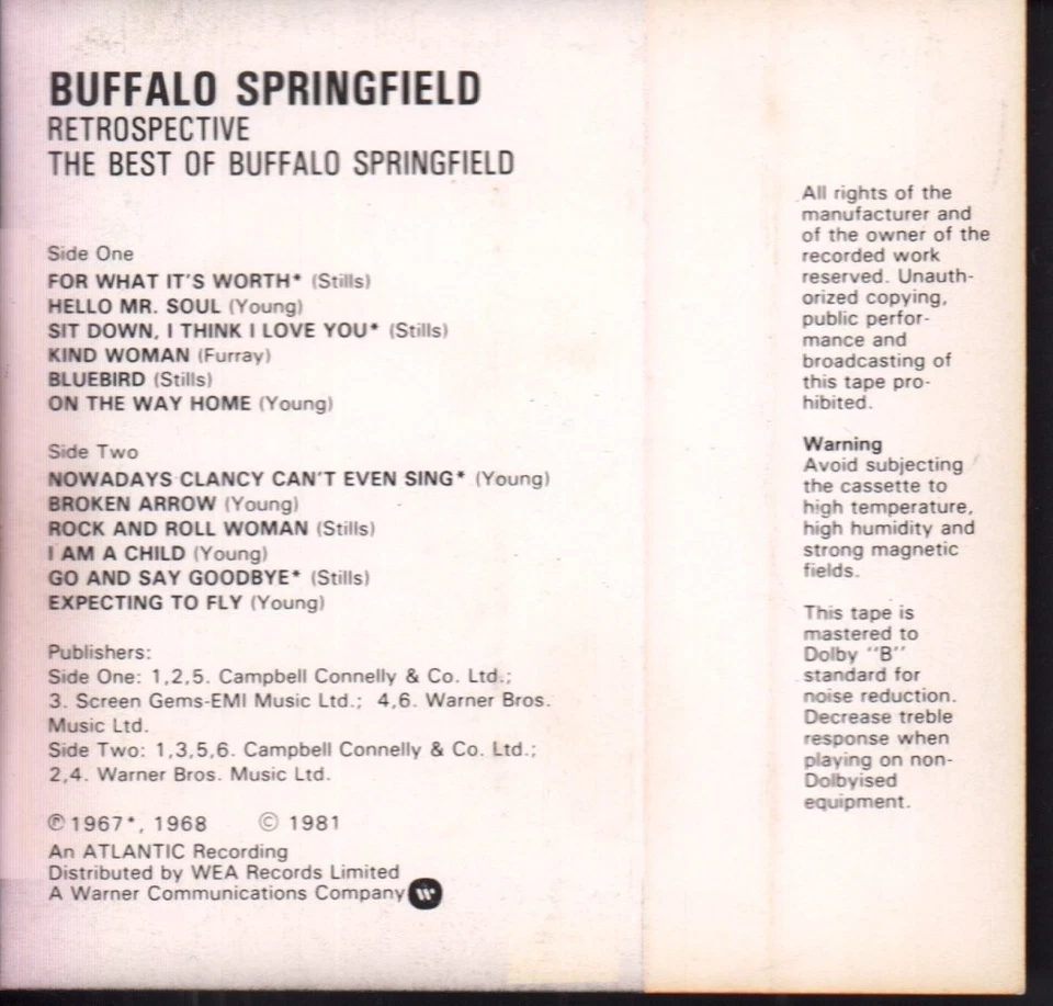 Buffalo Springfield Retrospective cassette UK Atlantic 1981 cassette grey shell - Image 2 of 3
