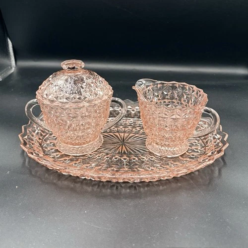 Jeanette Buttons & Bows Sugar Bowl And Creamer  W/ Tray Pink Depression Glass
