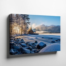 Serene Winter Landscape Featuring A Cozy Log Cabin Nestled Wall Art Canvas Print