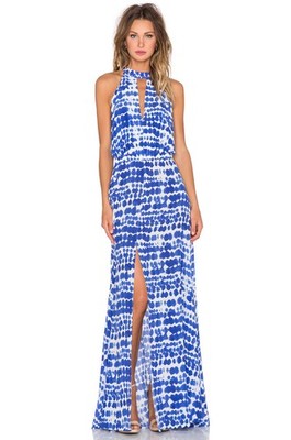 $557 ALEXIS ''Wyatt'' open back tassel detail halter maxi dress - blue / white - L