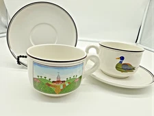 Villeroy and Boch Design Naif Farm Porcelain Flat Cup and Saucer Set of 2