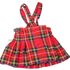 Vintage Edinburgh Woollen Mill Skirt Girls Size 2 Red Plaid Tartan Suspenders