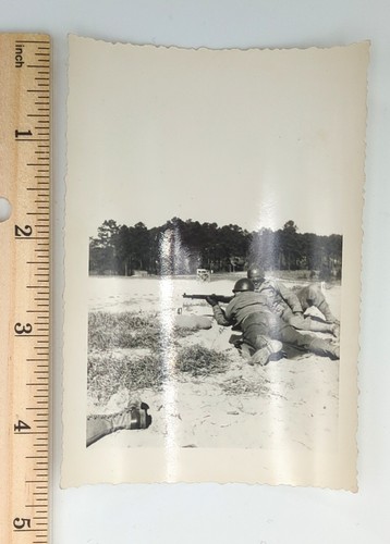 Snapshot Vintage Photo WWII WW2 Prone Soldier Shooting Range Typed Note Back - Picture 2 of 7