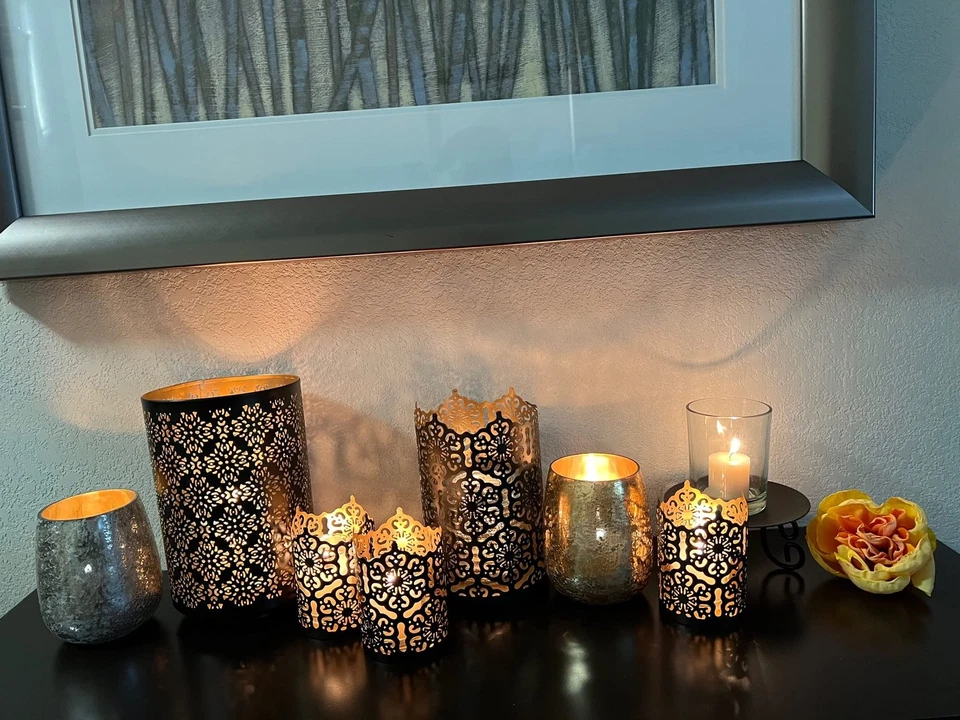 's Set of 2 Flower 7" High Cut Bronze Candle Holder & Lantern. Ideal for Use ... - Image 3 of 4