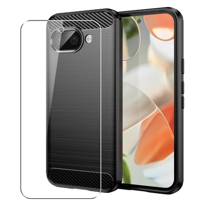 Carbon Case for Google Pixel 9a Phone Cover and Glass Screen Protector Black