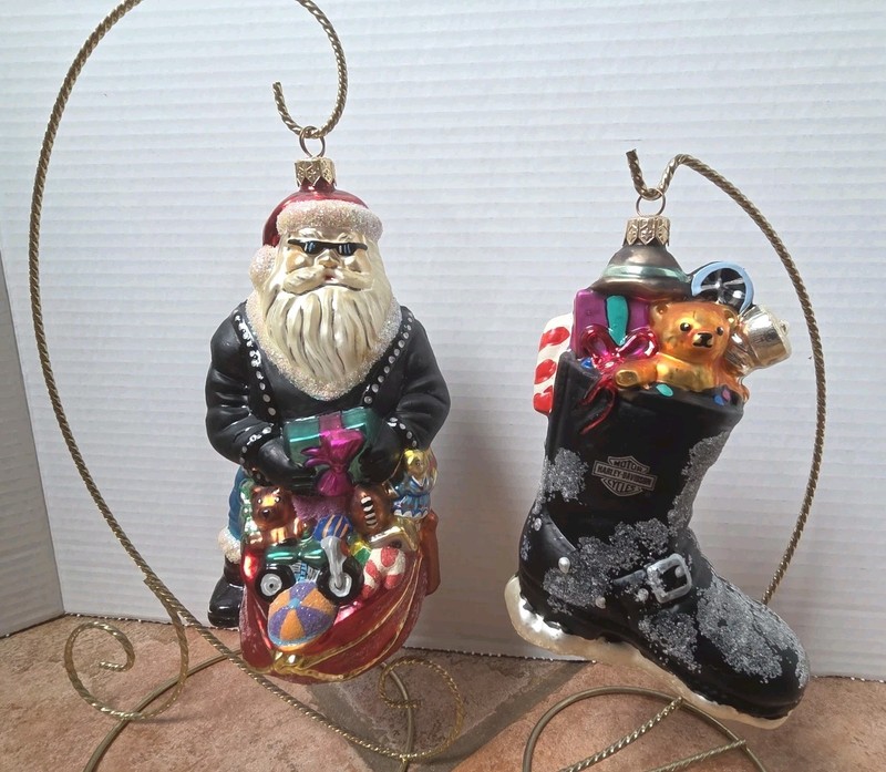 2 Christopher Radko Ornaments Harley Davidson Santa & Harley Boot Stocking