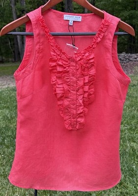 August Silk 100% Linen Sleeveless Ruffle Button Blouse Tank Top