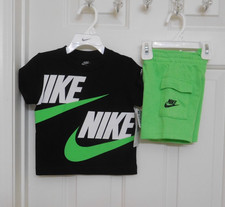 NWT 2pc Nike Black Green White Logo Shirt  Green Cargo Shorts Set sz 2t