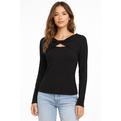 Gilli Sable Twist Neck Keyhole Knit Top Women Size M Black NWT