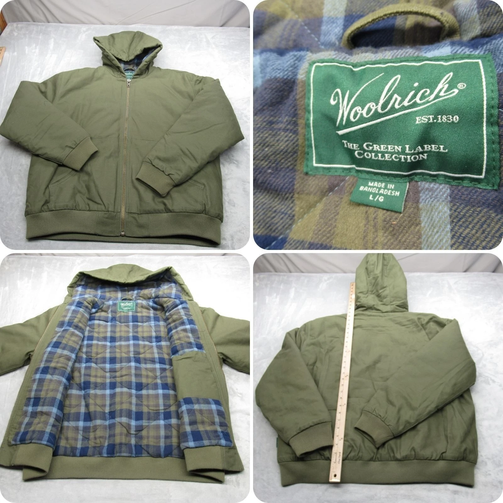 Woolrich Jacket Mens Large Green Quilt Lined Insulated Full Zip Hooded Work