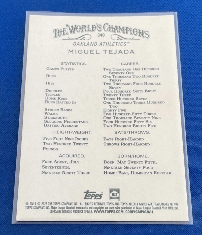 2023 Topps Allen & Ginter X #340 Miguel Tejada SP Oakland Athletics - Image 2 of 2