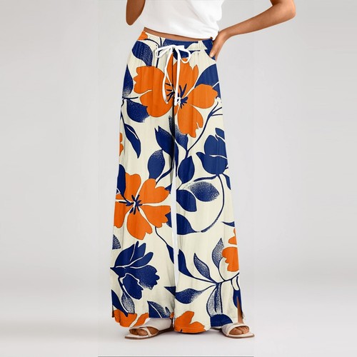 Womens Wide-leg Palazzo Trousers Loose Lounge Summer Beach Elastic Waist Pants - Picture 3 of 37
