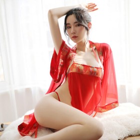 Womens Sleepwear Set Sexy Lingerie Doudu G-string Gown Sheer Kimono Nightgown