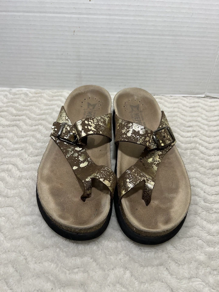 Tanga Mephisto Helen feminina tamanho 37 EUA 6,5 dourada metálica couro marrom slip on - Imagem 3 de 4