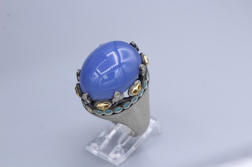 LARGE COCKTAIL RING CHALCEDONY BLUE RING STERLING SILVER & GOLD SIZE 7.5 - Picture 11 of 12
